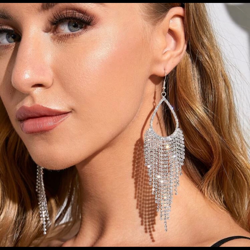 Rhinestone Geometric Dangle Earrings Silver
